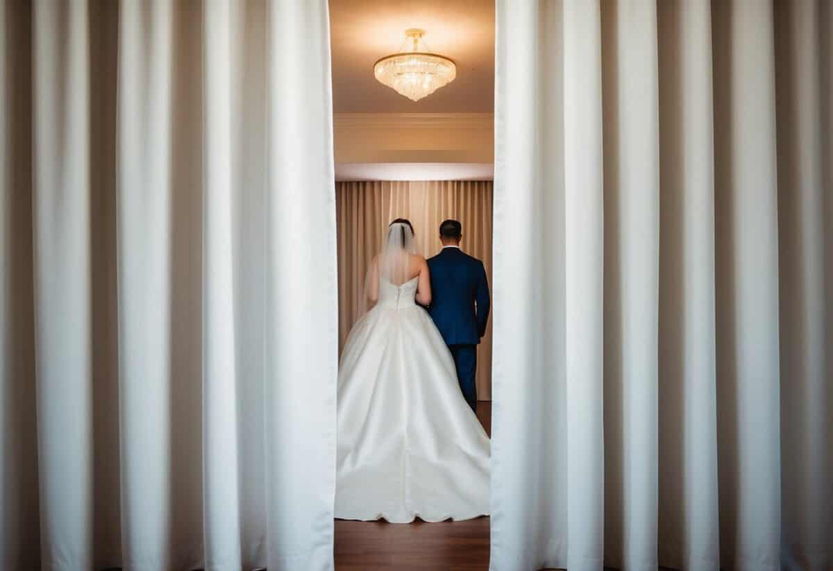 A wedding dress is hidden behind a curtain, out of the groom's view