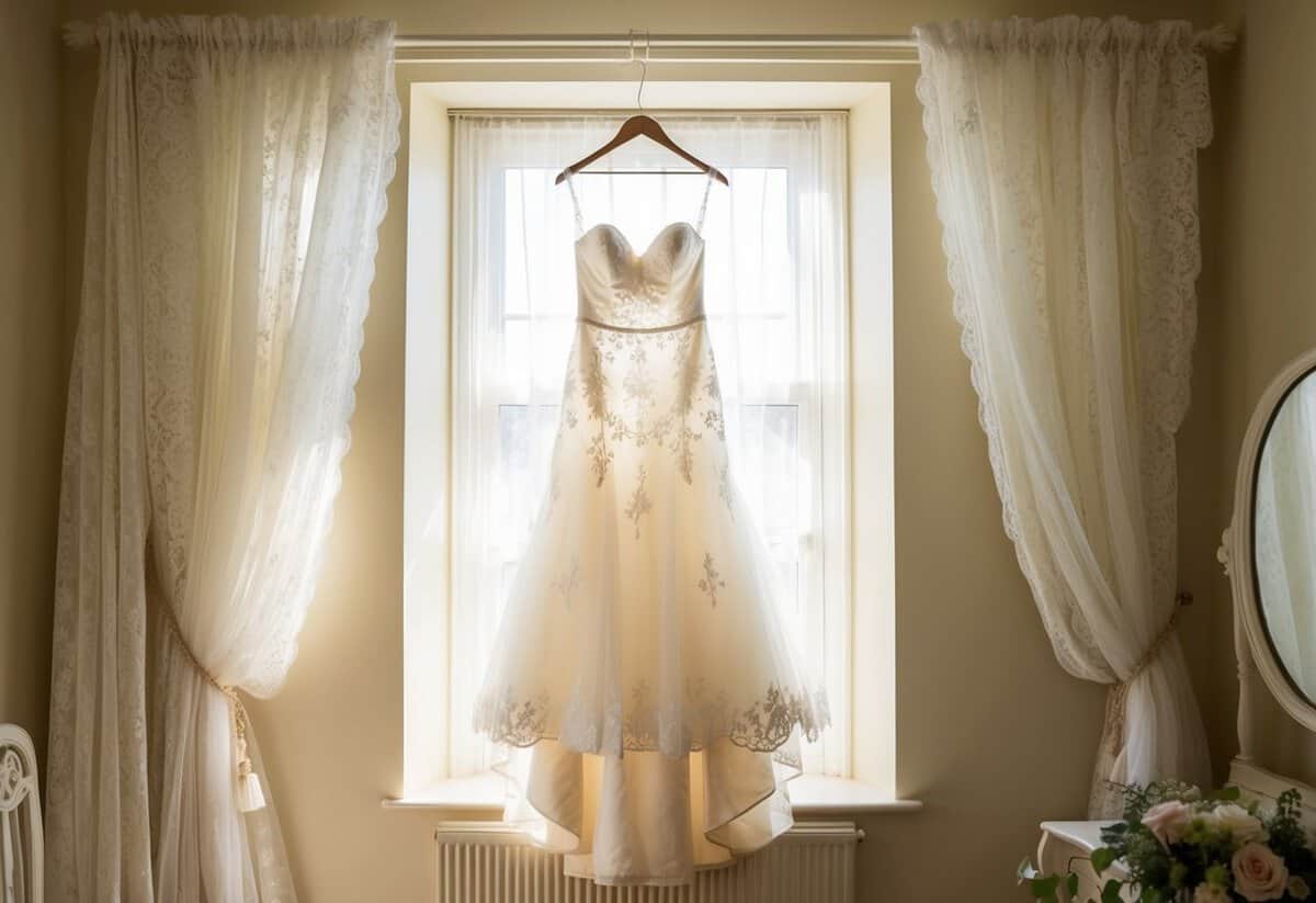 The bride's dress hanging in a sunlit room, surrounded by delicate lace curtains and a vintage mirror