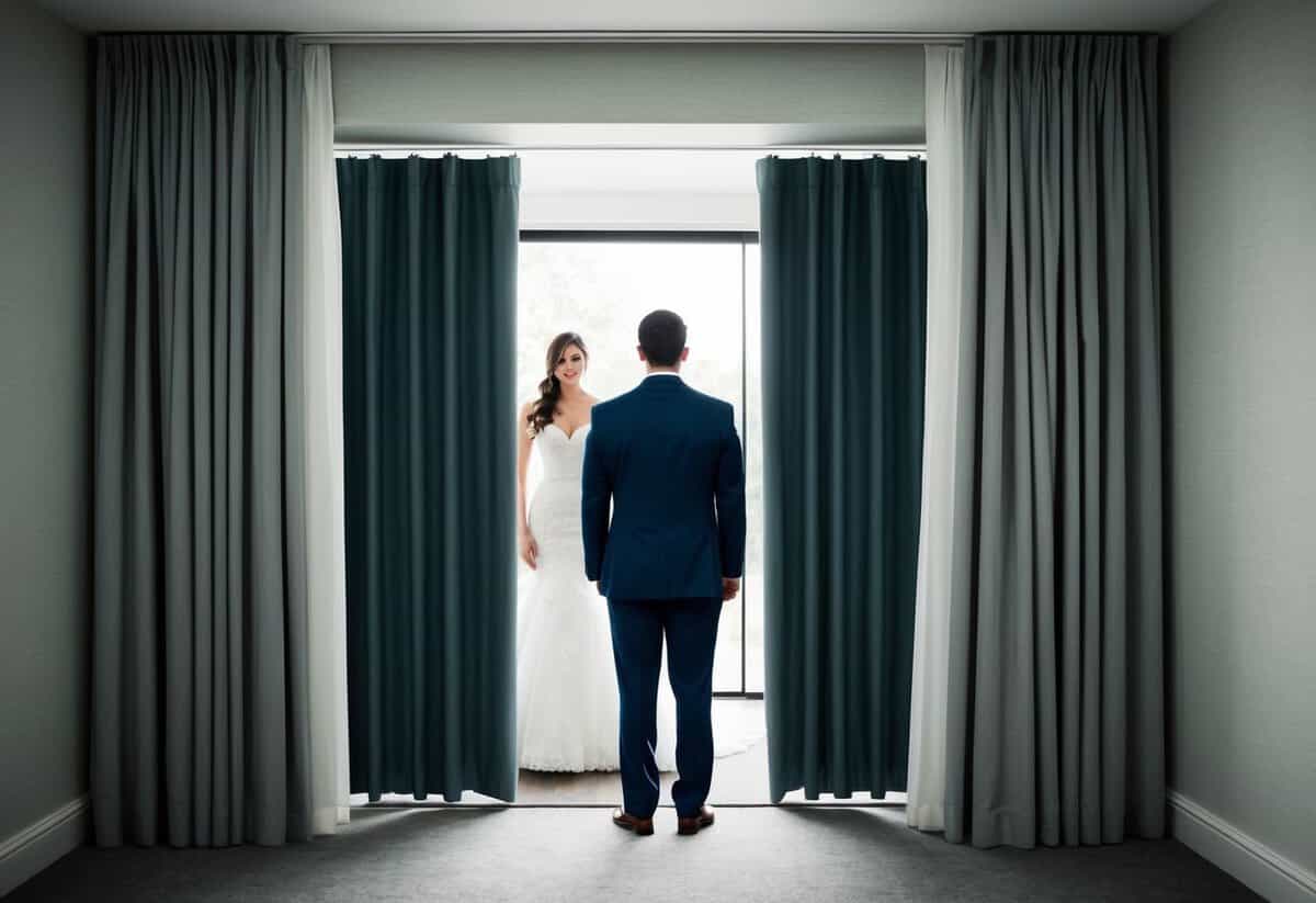 A groom stands outside a room, unable to see the wedding dress inside. A curtain or barrier separates him from the dress