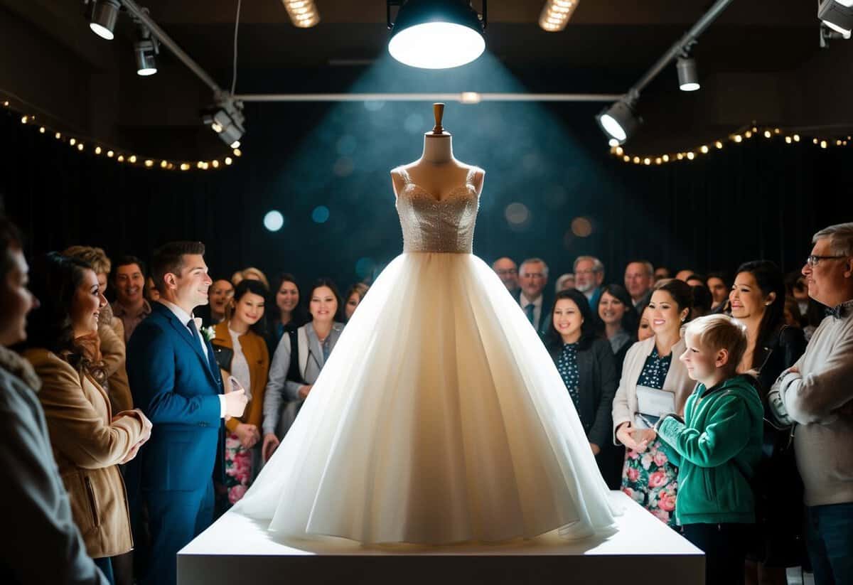 A spotlight shines on the bride's dress displayed on a mannequin, surrounded by a crowd of curious onlookers