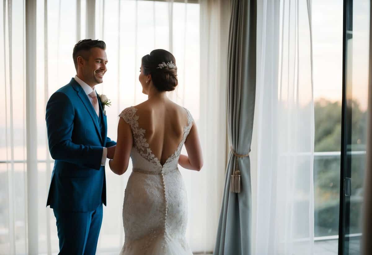 A bride stands behind a sheer curtain, her silhouette visible as she reveals her wedding dress to a joyful groom