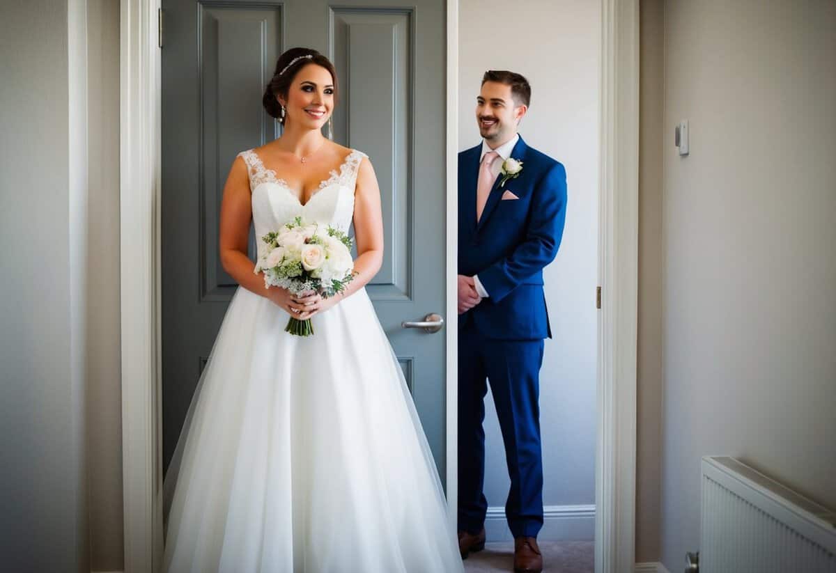 A bride stands behind a door, holding her wedding dress. The groom eagerly awaits on the other side, unable to see the dress until the first look