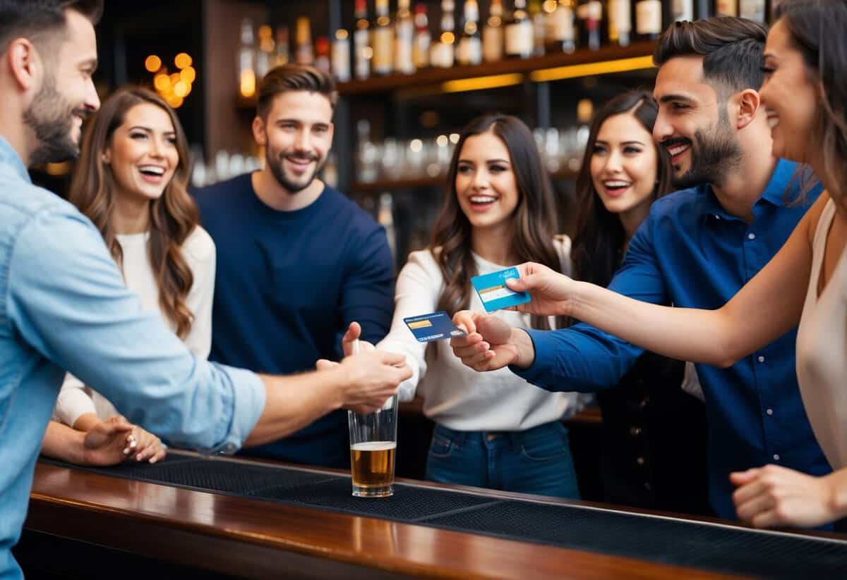 A group of friends at a bar, one person handing over a credit card to the bartender while others watch and cheer