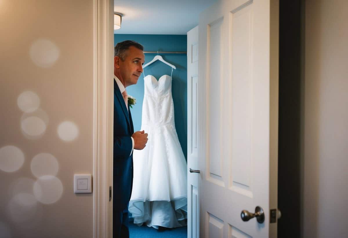 A father peeks through a partially open door, catching a glimpse of a beautiful wedding dress hanging in the room