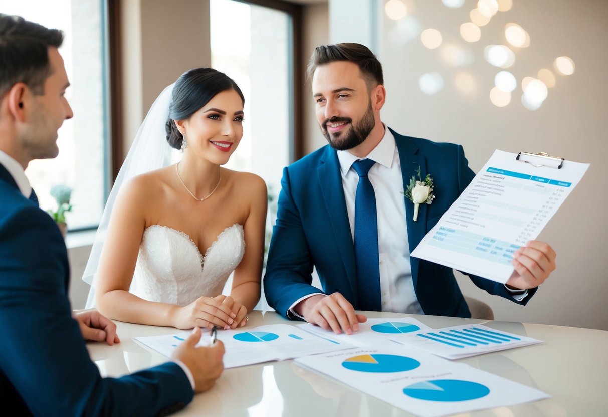A couple sitting at a table, discussing wedding expenses with a wedding planner. The planner is presenting various cost breakdowns and options