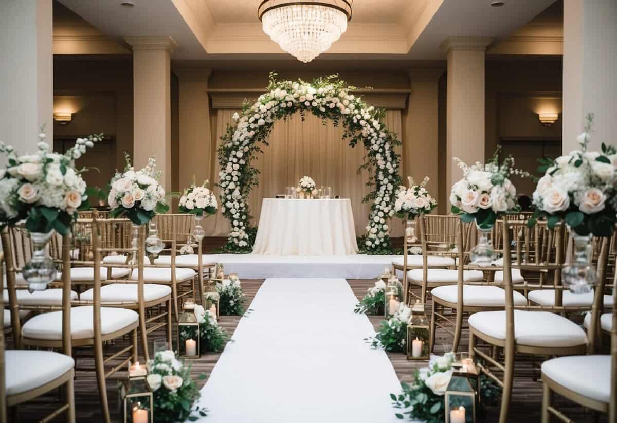 A wedding venue with elegant decorations and floral arrangements set up for a ceremony