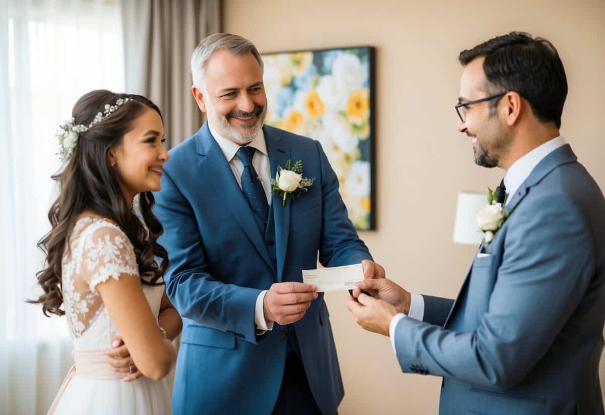 A father hands over a check to a wedding planner while his daughter looks on with a smile