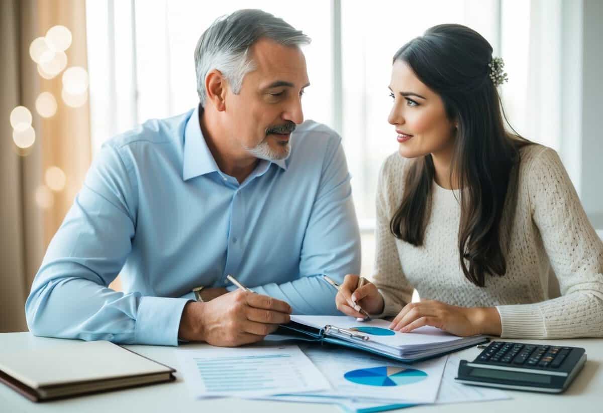 A father and daughter sit at a table, discussing wedding expenses. A wedding planning book and financial documents are spread out in front of them