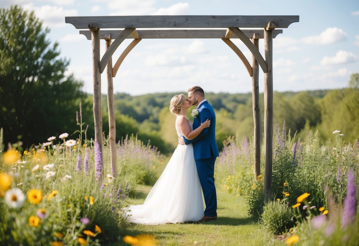 An outdoor wedding under a simple wooden archway with wildflowers, surrounded by nature