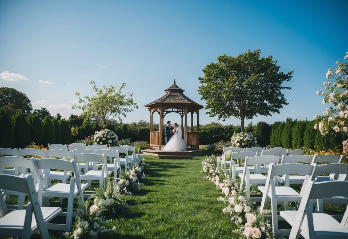 A simple outdoor wedding ceremony in a garden with a gazebo, surrounded by blooming flowers and greenery, under a clear blue sky