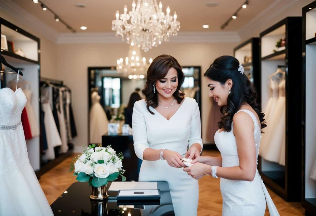A woman pays for a wedding dress in a luxurious boutique