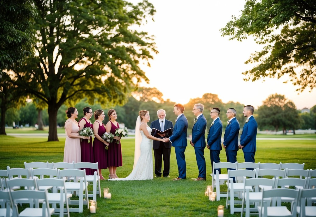 A simple outdoor ceremony in a public park at sunset, with minimal decorations and a small group of close family and friends