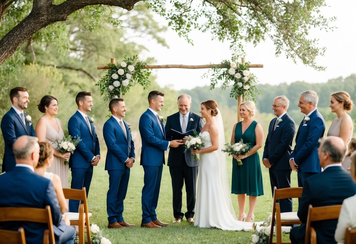 A simple outdoor ceremony in a natural setting with minimal decorations and a small group of close family and friends