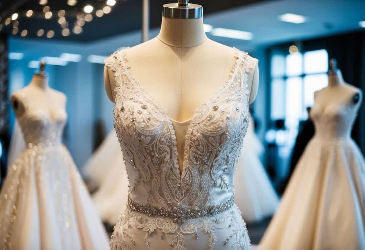 A luxurious wedding dress displayed on a mannequin, adorned with intricate lace, silk, and sparkling embellishments
