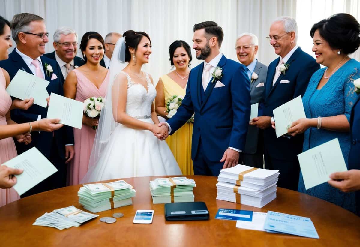 A bride and groom stand beside a table with a stack of cash, a checkbook, and a credit card. Family members and friends are gathered around, each holding a contribution envelope