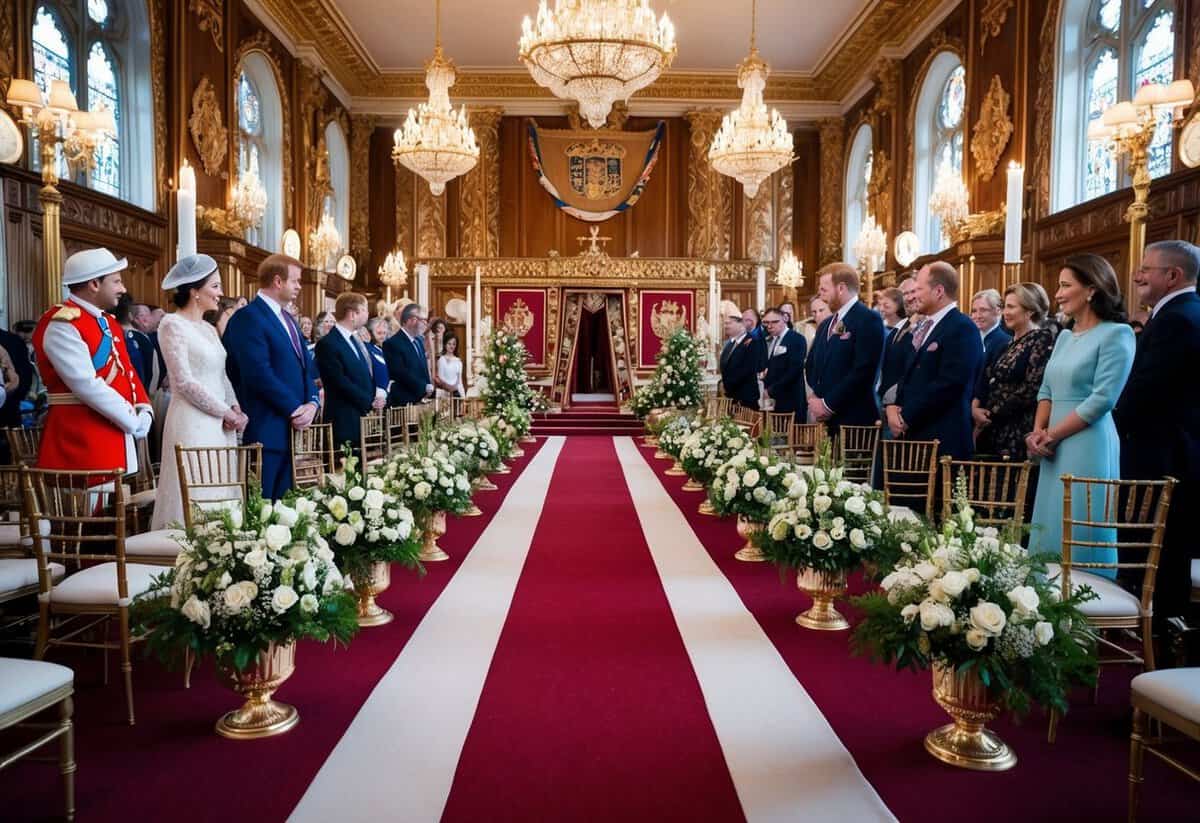 A lavish wedding venue adorned with royal emblems and personalized decorations, reflecting the queen's investment in Harry's special day