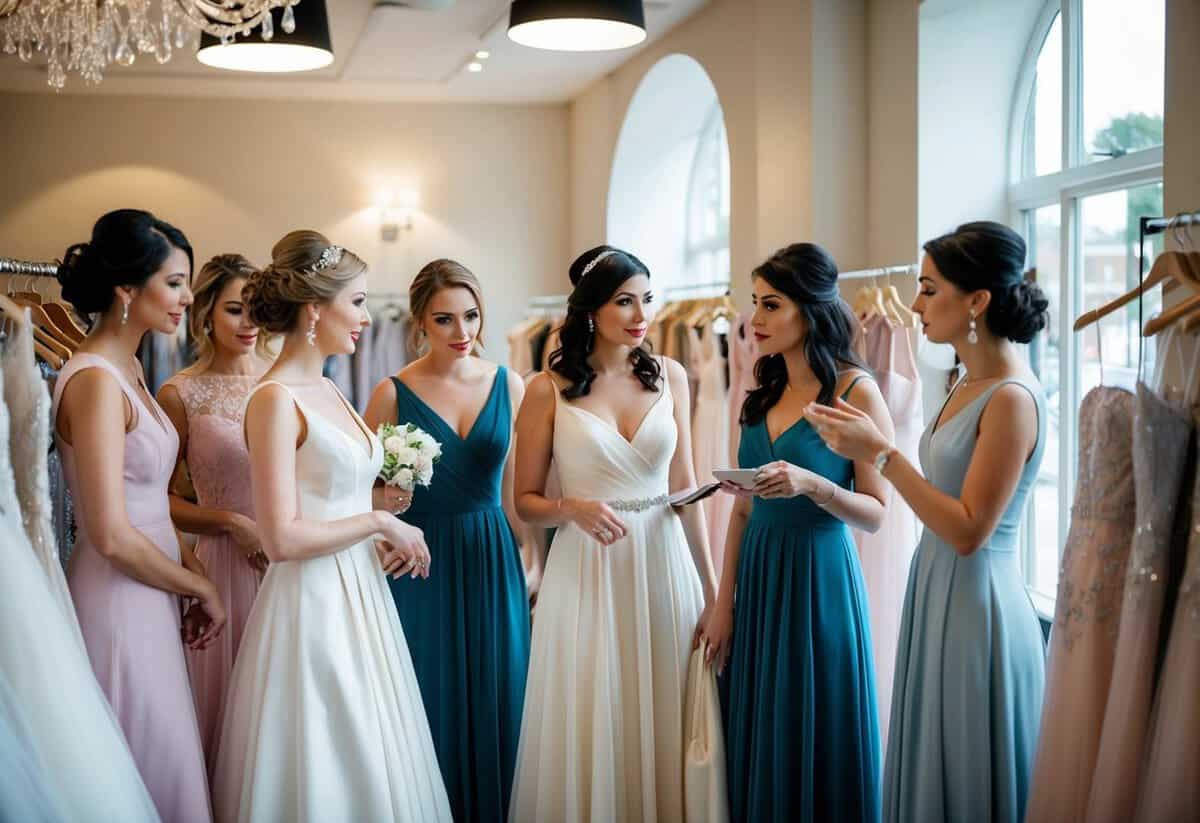 A group of bridesmaids browsing through racks of elegant dresses in a boutique, discussing the financial responsibilities of purchasing their attire for the upcoming UK wedding