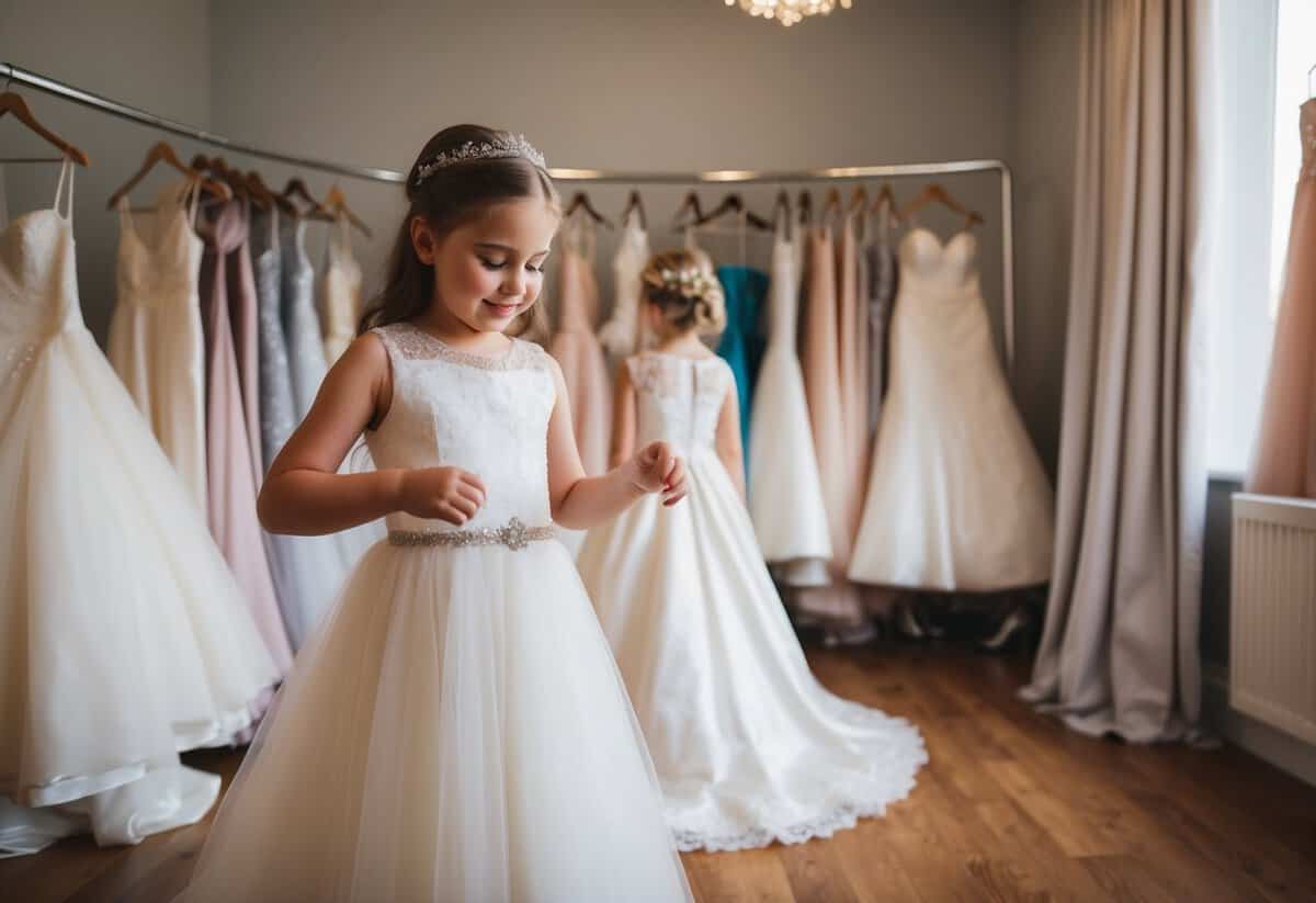 A young girl playing dress-up in a room filled with wedding gowns