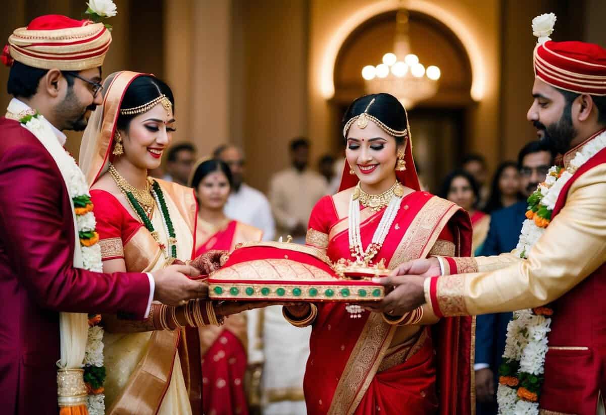 A bride's family presents a dowry to the groom's family in a traditional wedding finance ceremony