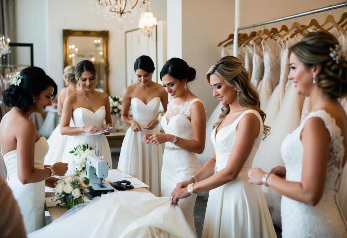 A wedding dress boutique bustling with activity as designers sketch, sew, and fit gowns in preparation for upcoming weddings