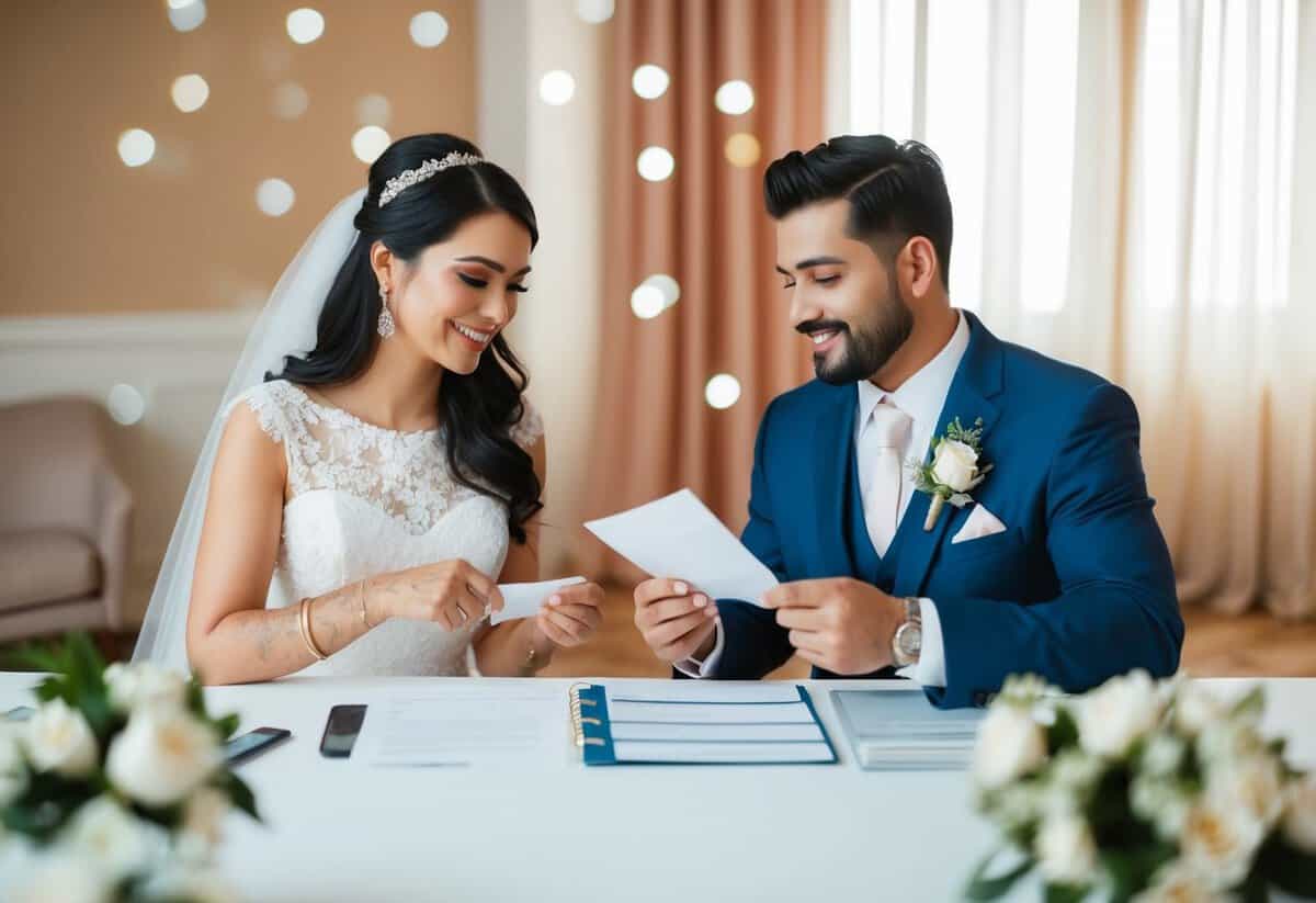 A couple and a wedding planner dividing expenses for a wedding
