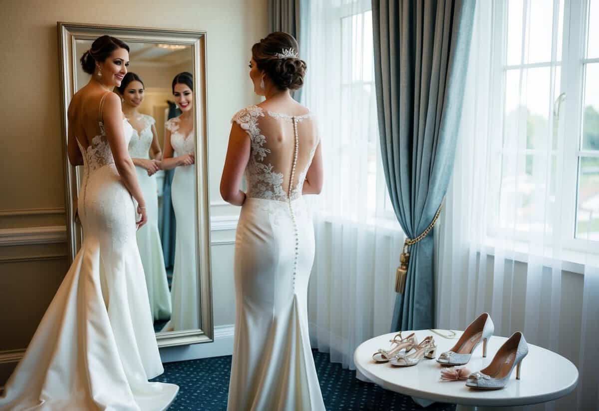 A bride stands in front of a full-length mirror, swapping her elegant wedding gown for a chic reception dress. Accessories and shoes are laid out on a nearby table