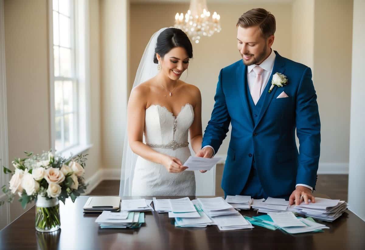 A bride and groom standing at a table, sorting through bills and receipts, with a wedding planner offering guidance