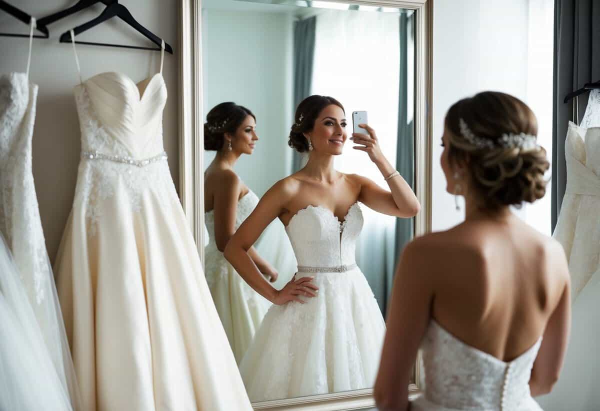 A woman surrounded by wedding dresses, admiring herself in the mirror