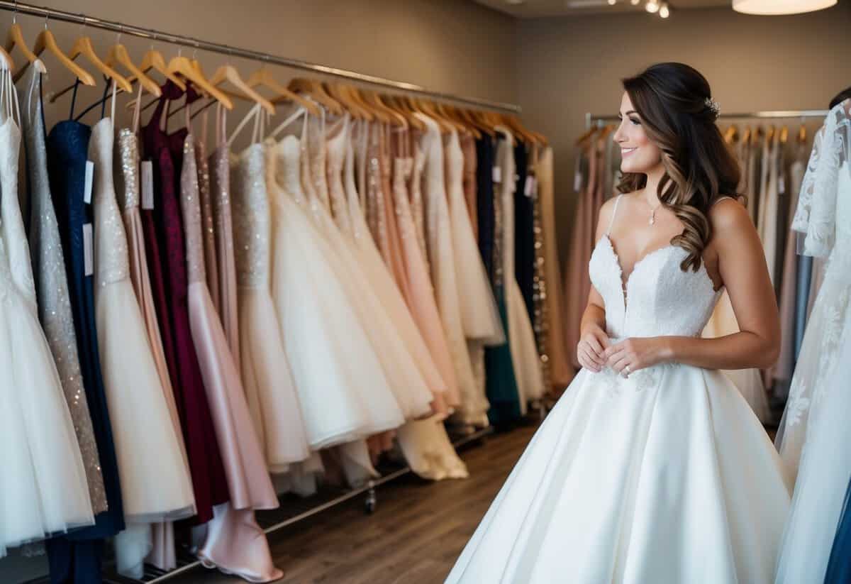 A woman browsing through wedding gowns at a bridal boutique, surrounded by racks of dresses in various styles and colors