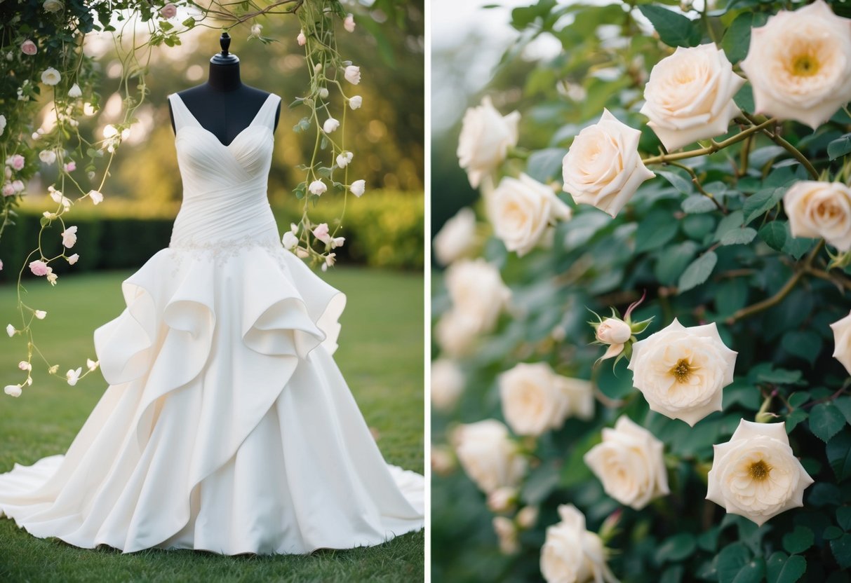 A size 12 wedding dress equivalent to a blooming rose garden, with cascading petals and delicate vines intertwining