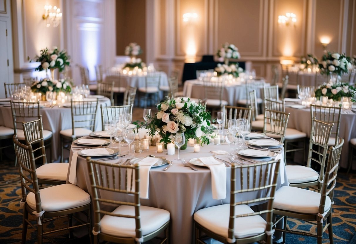 A grand table set with elegant place settings and floral centerpieces, surrounded by ornate chairs and overlooking the rest of the wedding reception