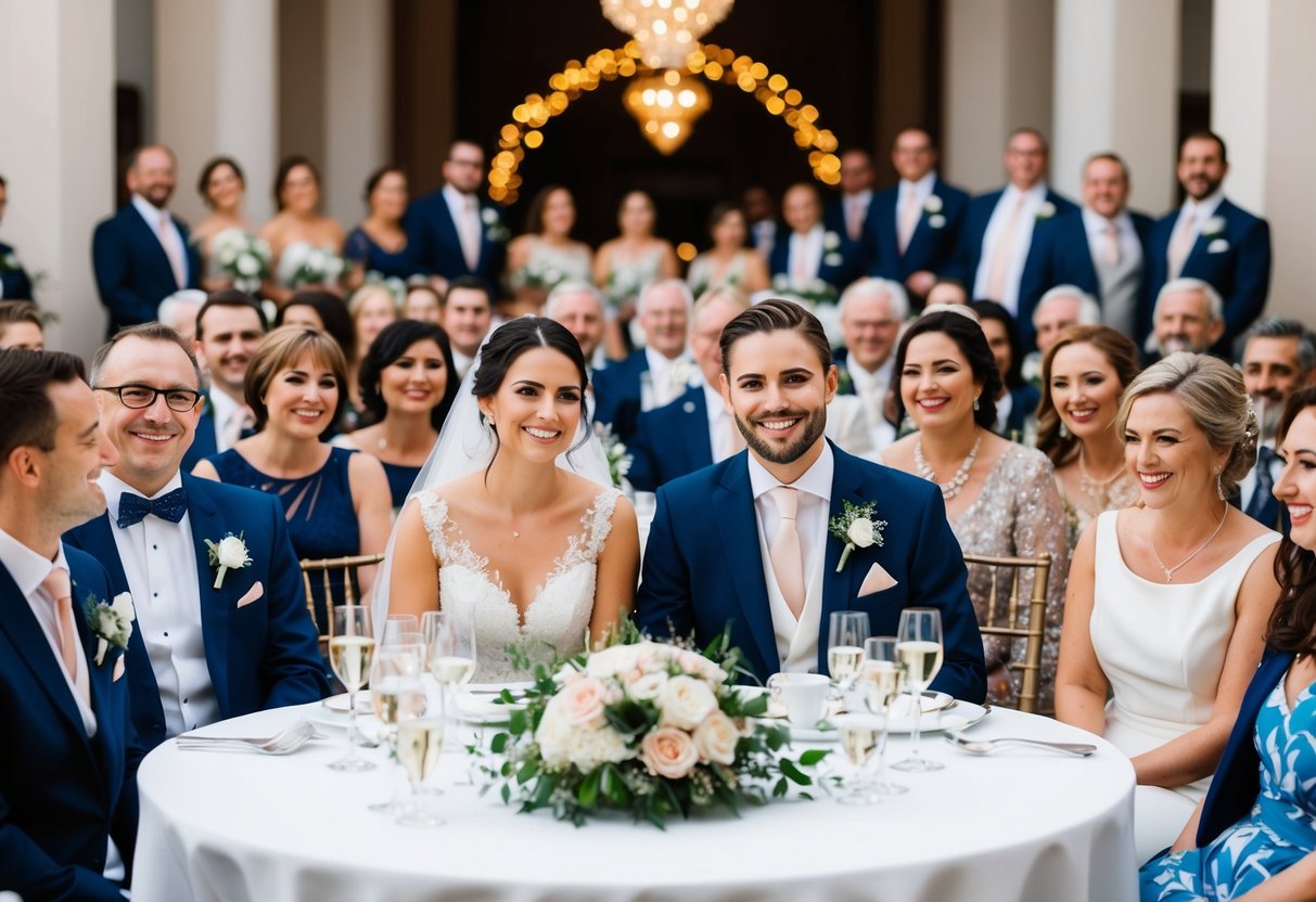 A bride and groom are seated at the top table, surrounded by their closest family and friends, all smiling and enjoying the wedding celebration