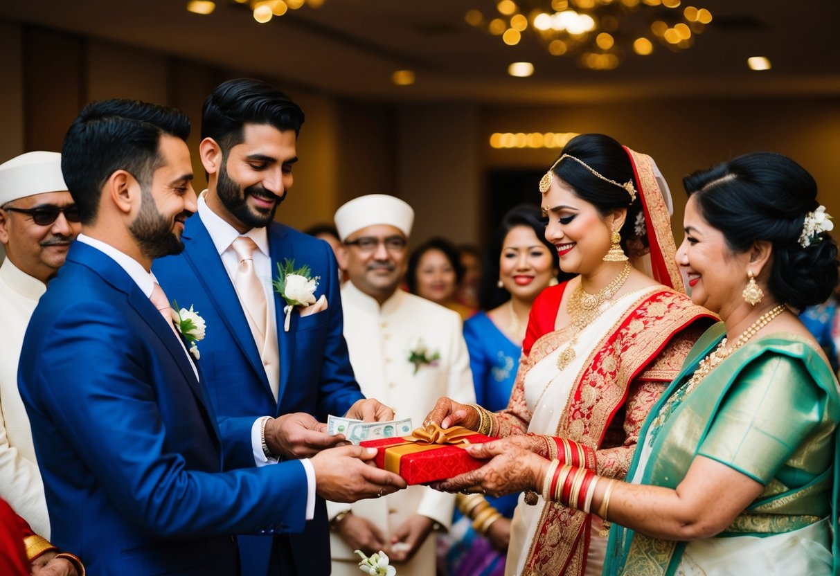 A groom and bride's family members exchanging money and gifts at a wedding ceremony