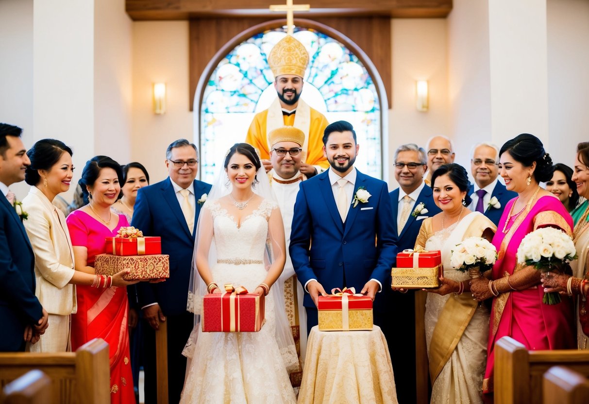 A bride and groom standing before a priest, surrounded by family and friends. The groom's family presents gifts to the bride's family as payment for the wedding