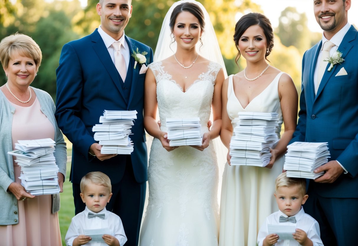 A bride and groom standing with their families, each holding a stack of bills and checks, symbolizing the various contributors to the wedding expenses