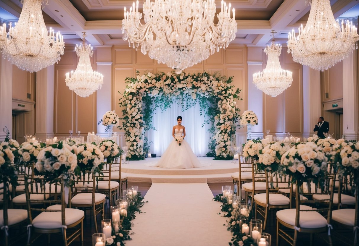 A lavish wedding set in a grand ballroom with opulent floral arrangements and sparkling chandeliers, depicting a luxurious and expensive atmosphere