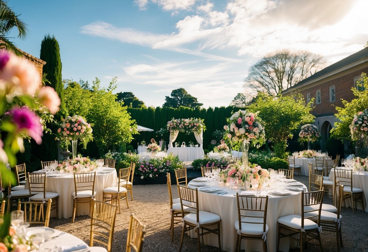 A lavish wedding reception set in a blooming garden, with vibrant flowers and lush greenery, under a warm and sunny sky