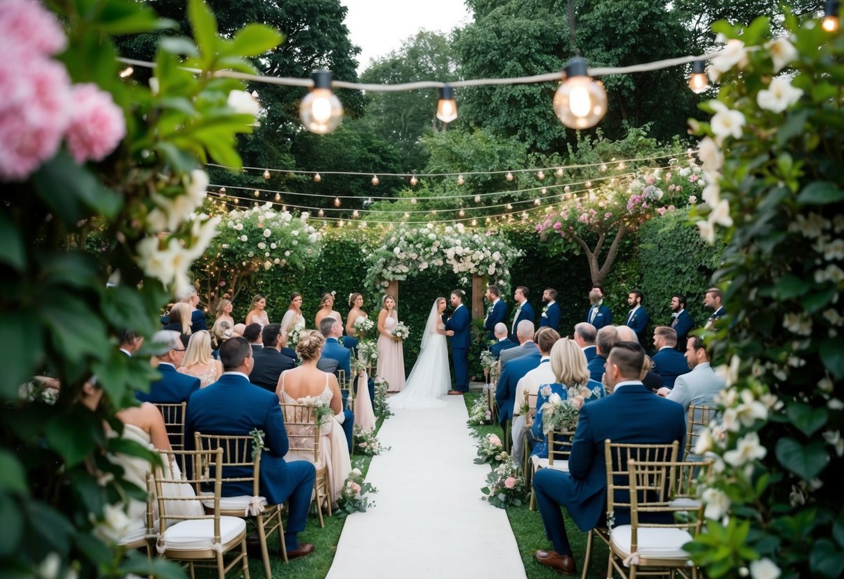 A quaint outdoor wedding with 100 guests seated in a lush garden surrounded by blooming flowers and twinkling lights