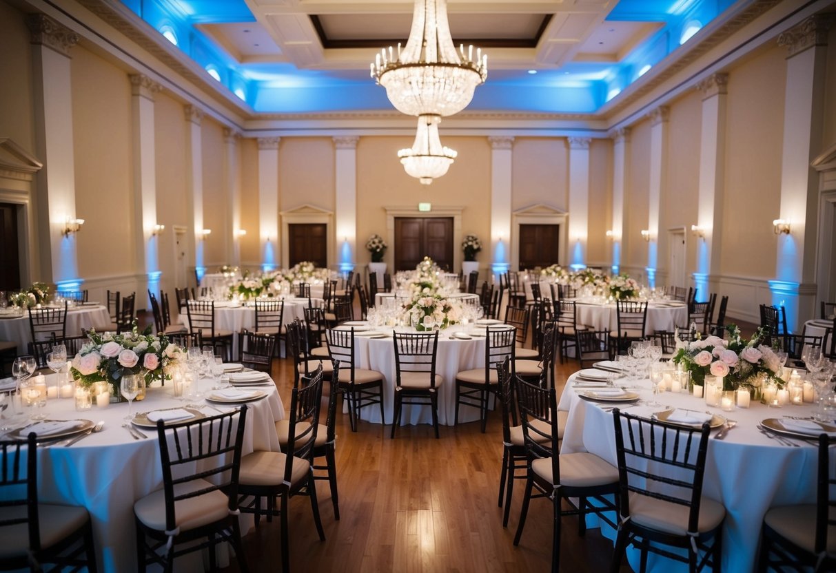 A grand banquet hall with 100 empty seats arranged around elegantly set tables, adorned with floral centerpieces and soft candlelight