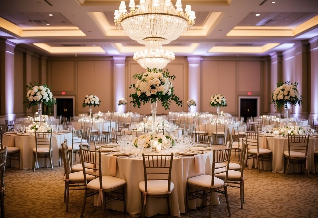 A grand banquet hall with elegant decor, adorned with tables, chairs, and floral centerpieces, set for a lavish 100-person wedding celebration