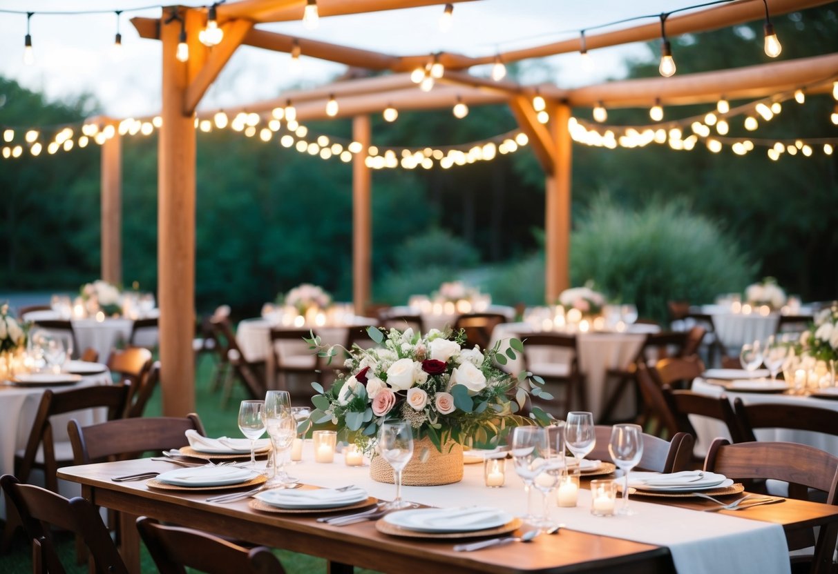 A cozy outdoor wedding with string lights, floral centerpieces, and personalized details for 100 guests