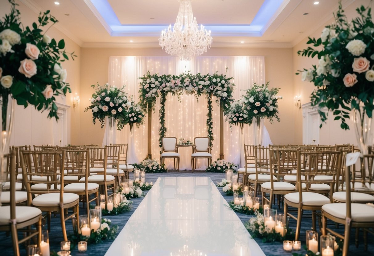 A beautifully decorated wedding venue with 100 seats arranged in an elegant setting, surrounded by floral arrangements and twinkling lights