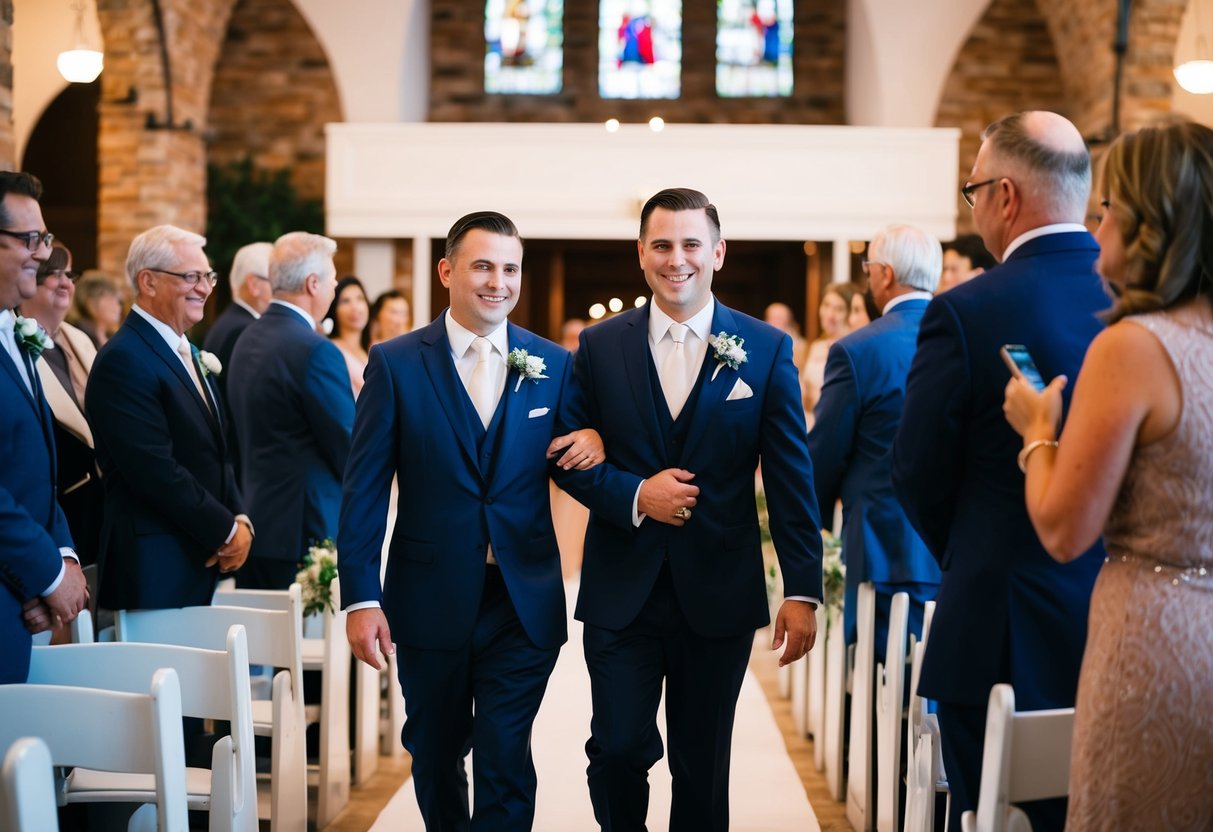 The groom is escorted down the aisle by a family member or close friend