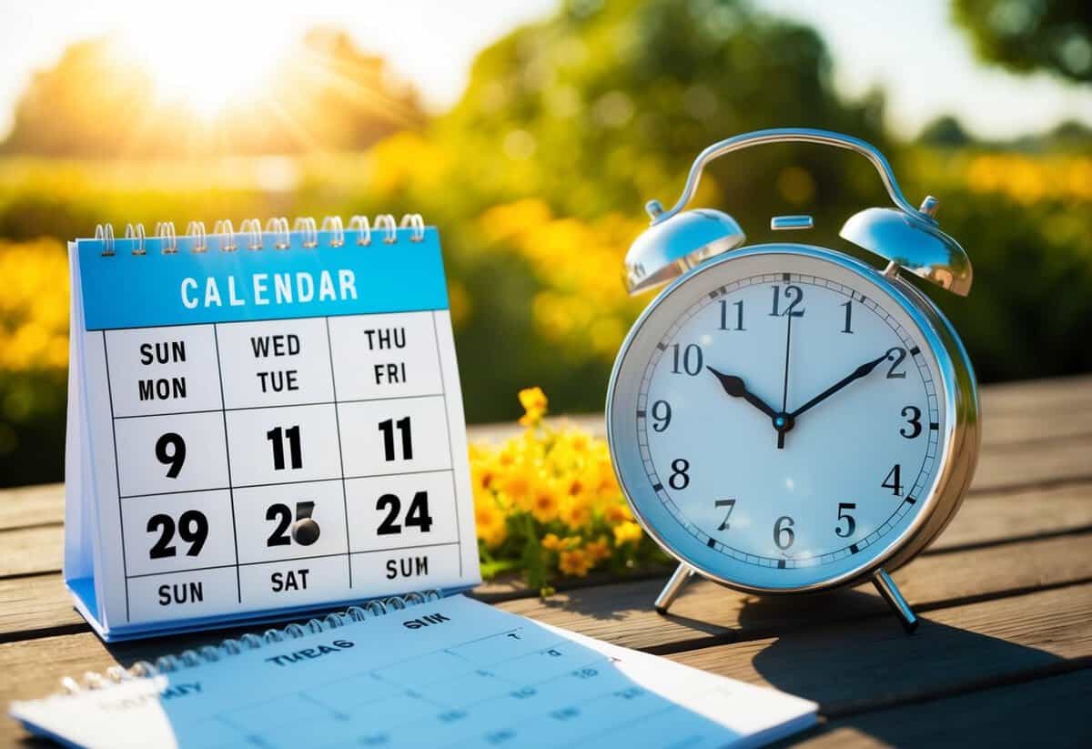 A sunny outdoor setting with a calendar showing different days of the week, and a clock indicating various times of day