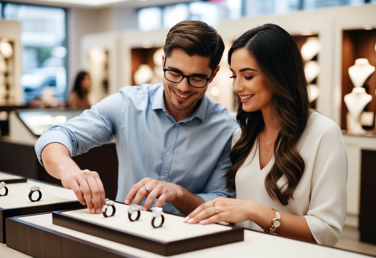 A couple browsing engagement rings at a jewelry store