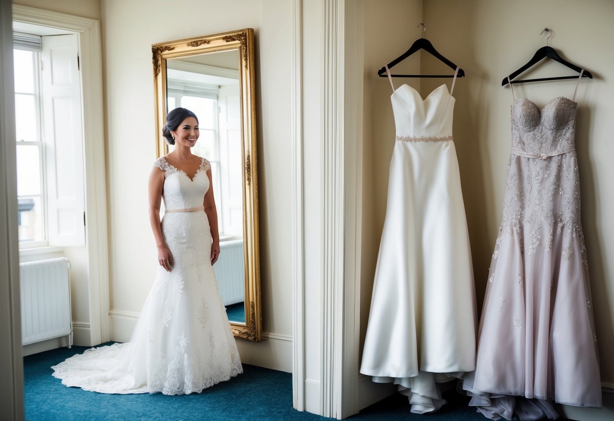 A bride stands in front of a full-length mirror, wearing a traditional white wedding gown. Beside her, a second dress in a different style and color hangs on a hanger