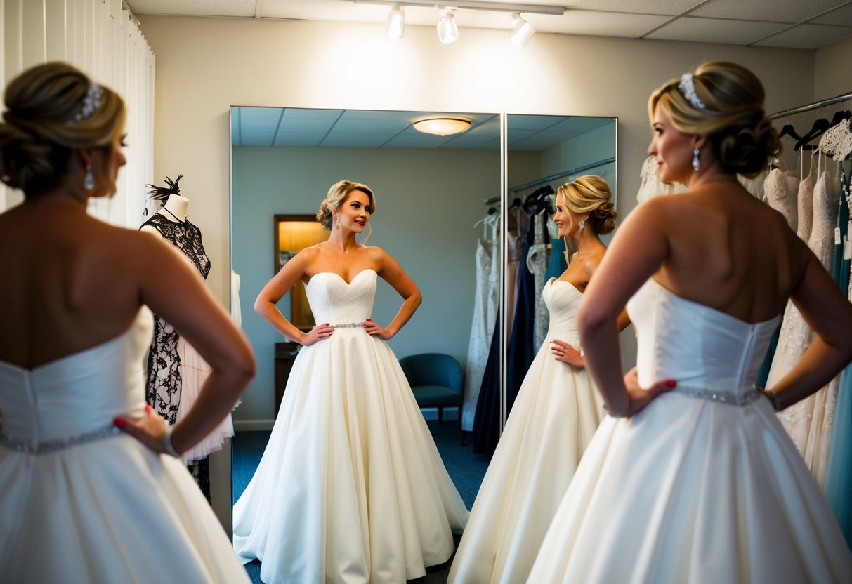 A bride stands in a dressing room, surrounded by two wedding gowns and an array of accessories. She contemplates her reflection in the mirror, pondering which dress to choose