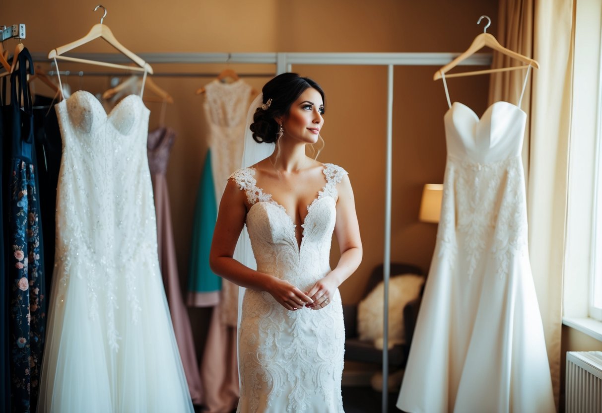A bride stands in a cluttered dressing room, surrounded by two elegant wedding dresses hanging on a rack. She looks contemplative, considering her options