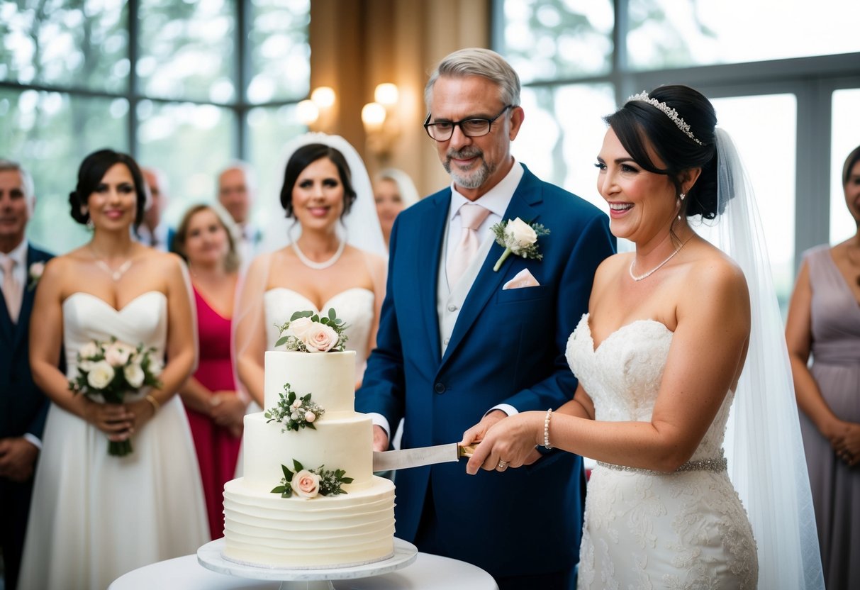A wedding cake being cut with the bride's parents watching proudly