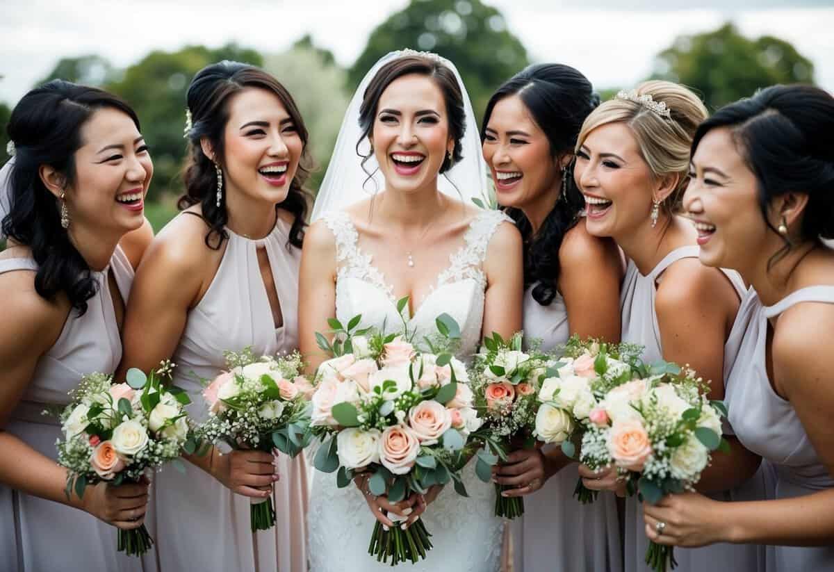 A bride holding a bouquet of flowers, surrounded by her bridesmaids in matching dresses, all smiling and laughing together